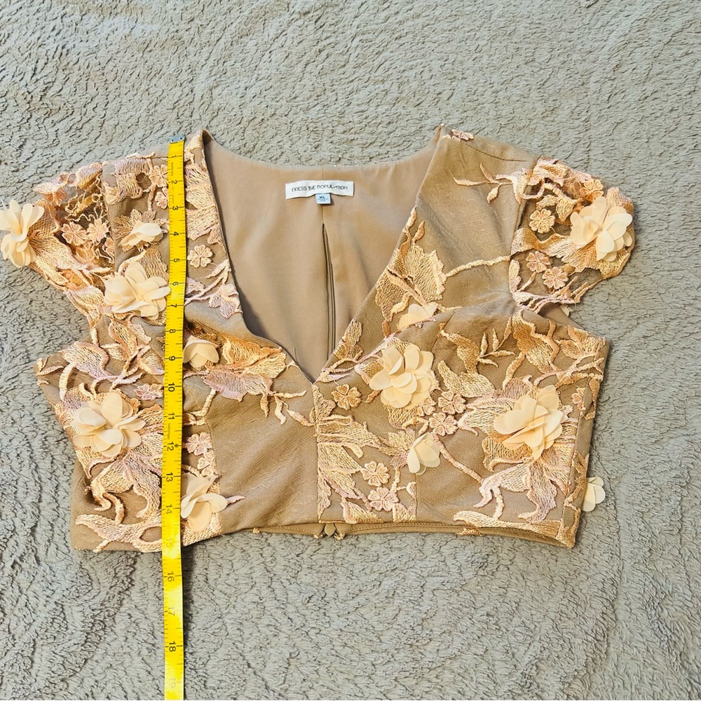 Dress The Population peach lace overlay with nude underneath top & skirt set. - Picture 3 of 9